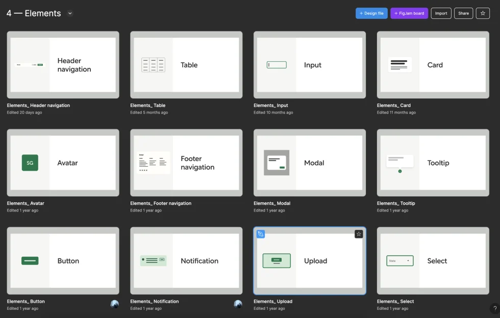 The Elements group of Better’s design system in Figma: one file per component, such as header navigation, table, input, card, avatar, footer navigation, modal, tooltip, button, notification, upload and select.