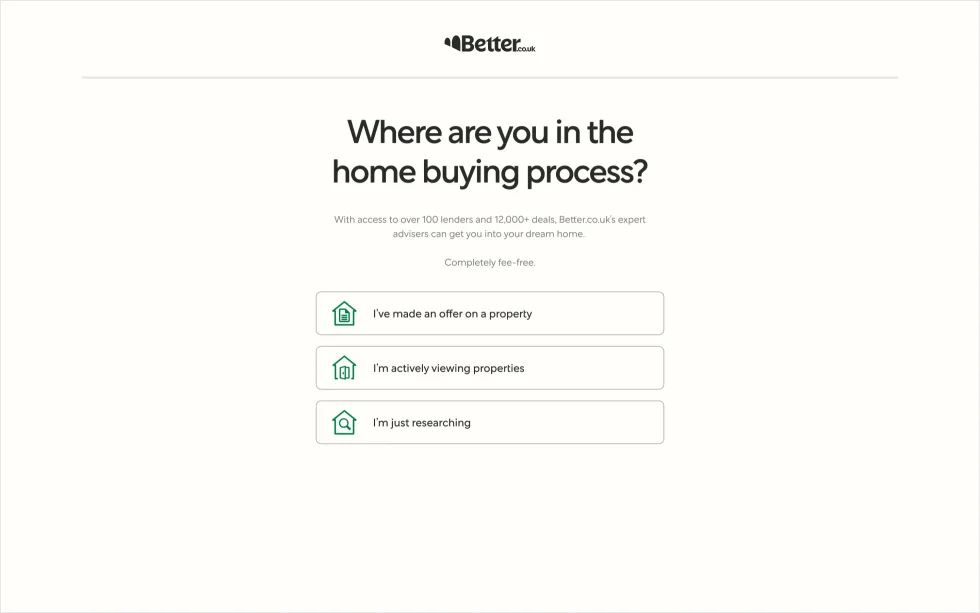 The short first form asks where the person is in buying a home: made an offer, viewing properties or just researching.