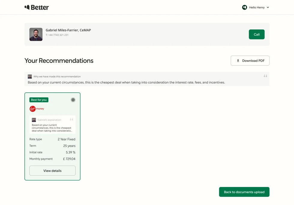 The recommendation page: the adviser’s card with a Call button, “Your Recommendations” with the reason this deal was chosen, and the accepted deal from Virgin Money, a 2-year fixed rate of 5.39% at £729.04 a month.