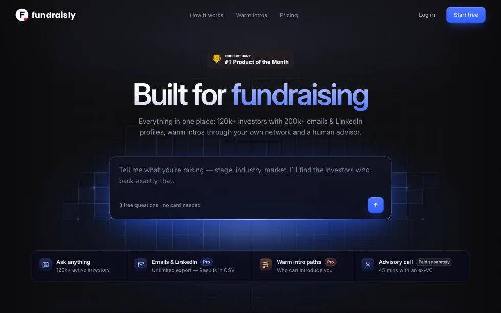 The Fundraisly agent’s landing page, “Built for fundraising”, with a box for asking the agent about investors.