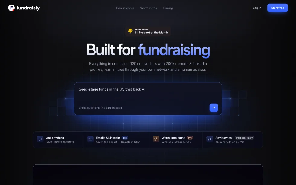 The agent’s landing page with a question typed into the box: “Seed-stage funds in the US that back AI”, above “3 free questions · no card needed” and four features: Ask anything, Emails & LinkedIn (Pro), Warm intro paths (Pro) and Advisory call (paid separately).