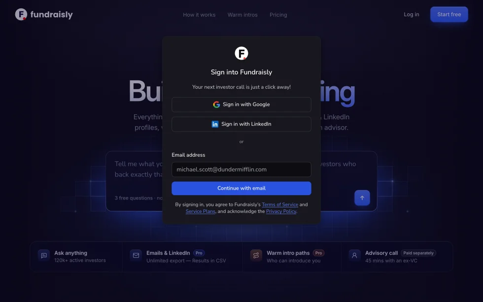 The sign-in window over the landing page: “Sign into Fundraisly”, buttons for Google and LinkedIn, an email field and “Continue with email”.