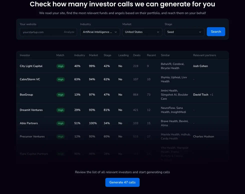 Variant B: “Check how many investor calls we can generate for you”, fields for a website, industry, market and stage, a table of matching investors and a button “Generate 47 calls”.