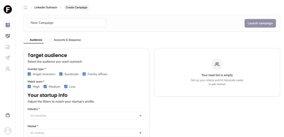 Create campaign, Audience tab: investor types (angel investors, syndicates, family offices), match score (high, medium, low), the startup’s industry and market, and an empty lead list on the right.