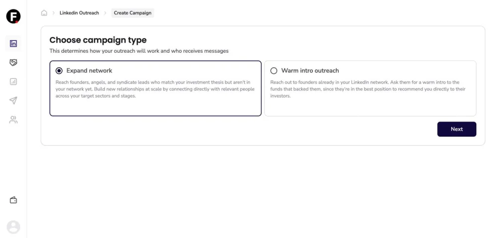 Choose campaign type, with two options: Expand network, to reach founders, angels and syndicate leads outside the founder’s network, and Warm intro outreach, to ask founders already in the network for introductions to the funds that backed them.