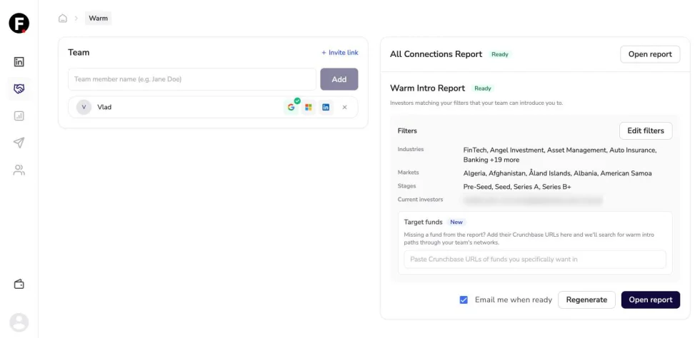 Warm intros in the main product: a Team panel where a teammate has connected Google, Microsoft and LinkedIn accounts, and a ready Warm Intro Report with filters for industries, markets, stages and current investors, a field for target funds and buttons to regenerate or open the report.
