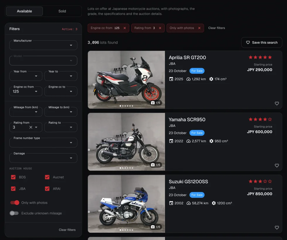 The catalogue with the switch between available and sold lots, its filter panel fully open — manufacturer, model, year, engine size, mileage, rating, frame number type, damage, the auction houses BDS, Aucnet, JBA and ARAI, “Only with photos” and “Exclude unknown mileage” — and to the right the three active filters as chips, “3,096 lots found” and the first lots.
