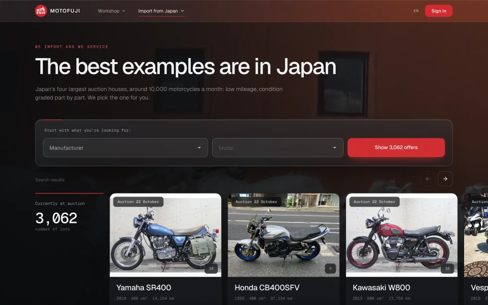 The MotoFuji import landing page in English: “The best examples are in Japan”, a search by manufacturer and model, and lots currently at auction under it.