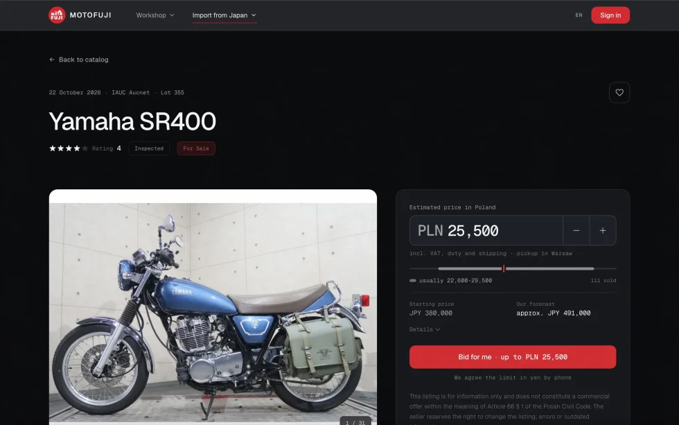 A MotoFuji lot page: a Yamaha SR400 at a Japanese auction, with the estimated price in Poland, PLN 25,500, on the price card.