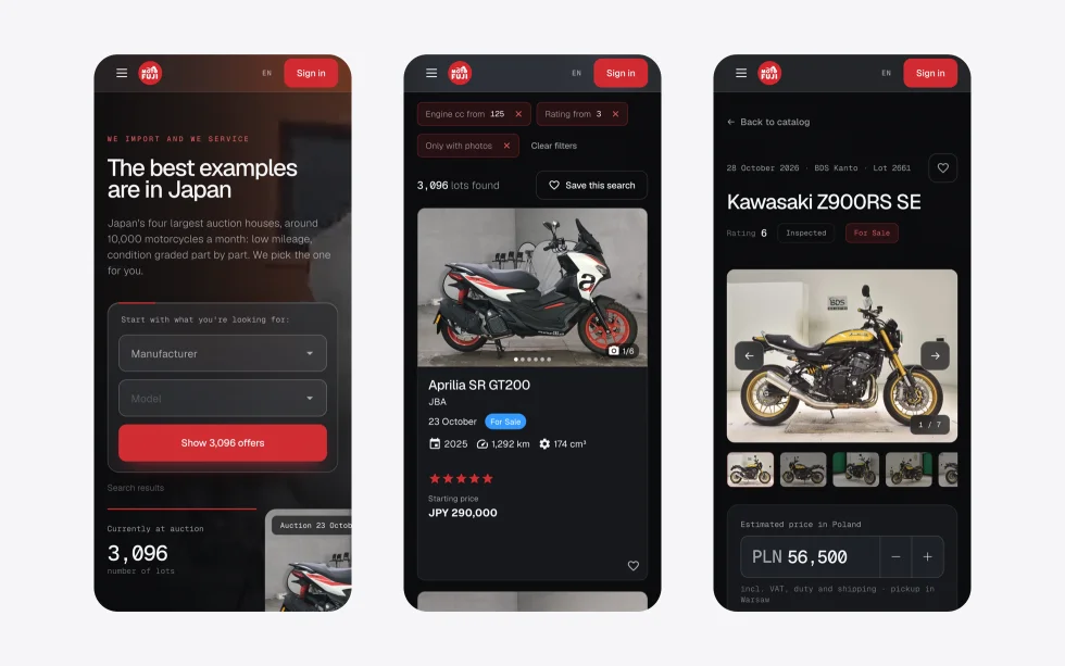 Three phone screens: the import landing page with its search, the catalogue with filter chips and a lot card, and a Kawasaki Z900RS SE lot page down to the start of its price card.