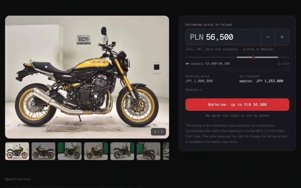 A lot page for a Kawasaki Z900RS SE: the photograph and thumbnails on the left; on the right, the card “Estimated price in Poland” with “PLN 56,500” and minus and plus buttons, a scale marked “usually 53,900–60,300” and “11 sold”, the starting price and the forecast in yen, and a red button “Bid for me · up to PLN 56,500”.