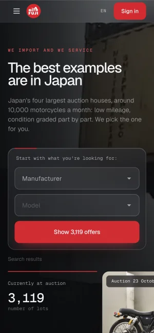 The MotoFuji import page on a phone: “The best examples are in Japan” and a search by manufacturer and model.