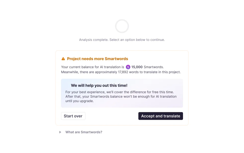 Project needs more Smartwords: a balance of 15,000 against about 17,892 words, and a note that the product will cover the difference this time.