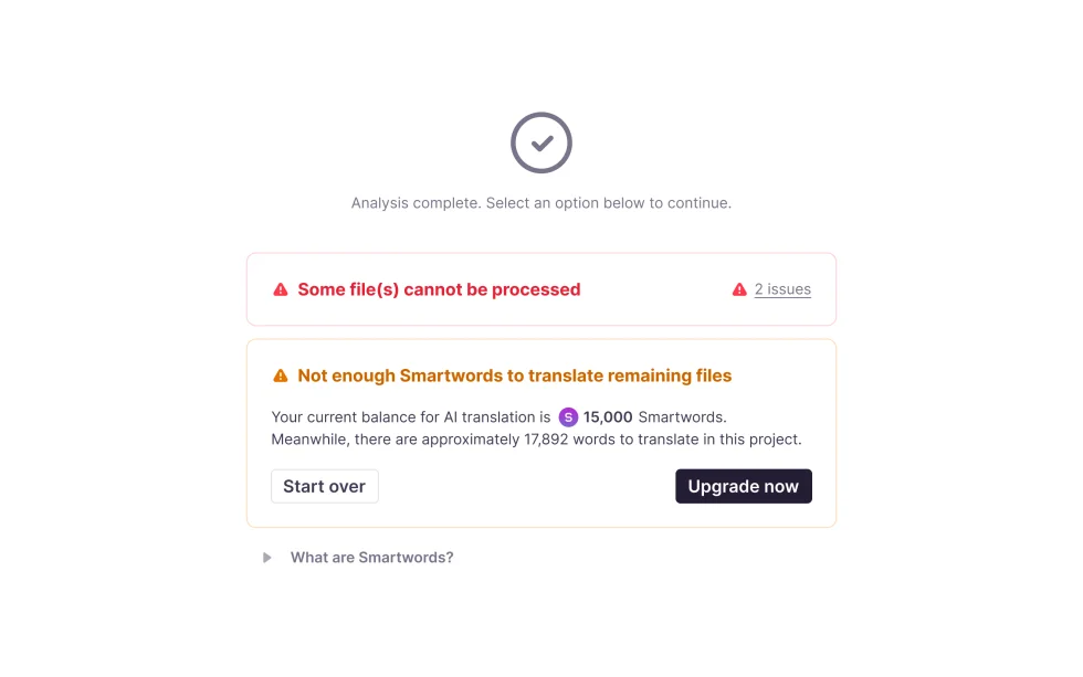 Not enough Smartwords to translate remaining files: a balance of 15,000 Smartwords against about 17,892 words, with buttons to start over or upgrade now.