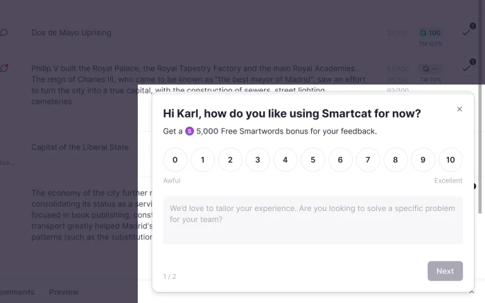 A survey over the translation editor: “Hi Karl, how do you like using Smartcat for now?”, a 0 to 10 scale and a field for a comment.