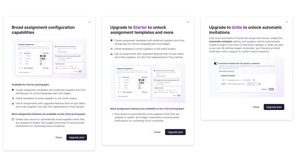 Three paywall popups: broad assignment configuration, upgrade to Starter to unlock assignment templates, and upgrade to Unite to unlock automatic invitations.