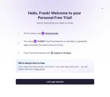 The trial’s welcome screen: all AI actions use Smartwords, and the trial comes with 15,000 of them.