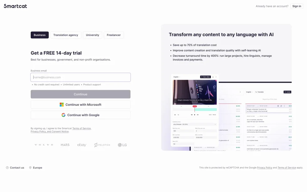Smartcat sign-up rebuilt around work emails, with tabs for Business, Translation agency, University and Freelancer.