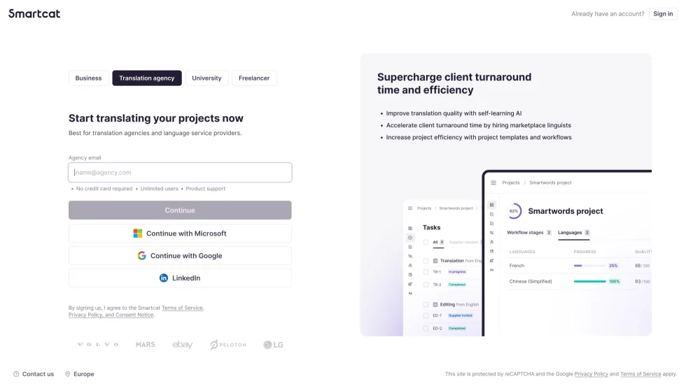 Sign-up, Translation agency tab: “Start translating your projects now”, an agency email field, Microsoft, Google and LinkedIn sign-in buttons, and a preview of the project workspace.