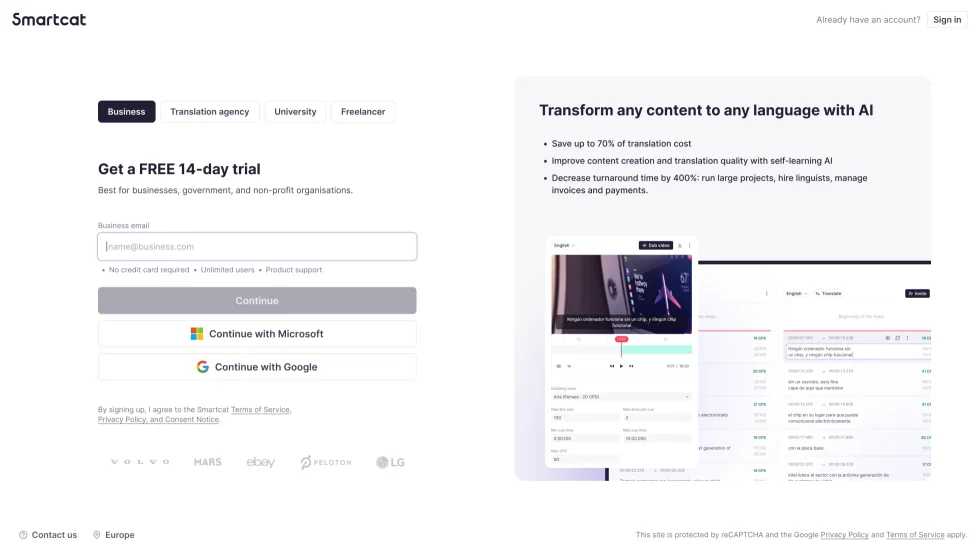 Smartcat sign-up page: tabs for Business, Translation agency, University and Freelancer, a business email field, Microsoft and Google sign-in buttons, and on the right “Transform any content to any language with AI”.
