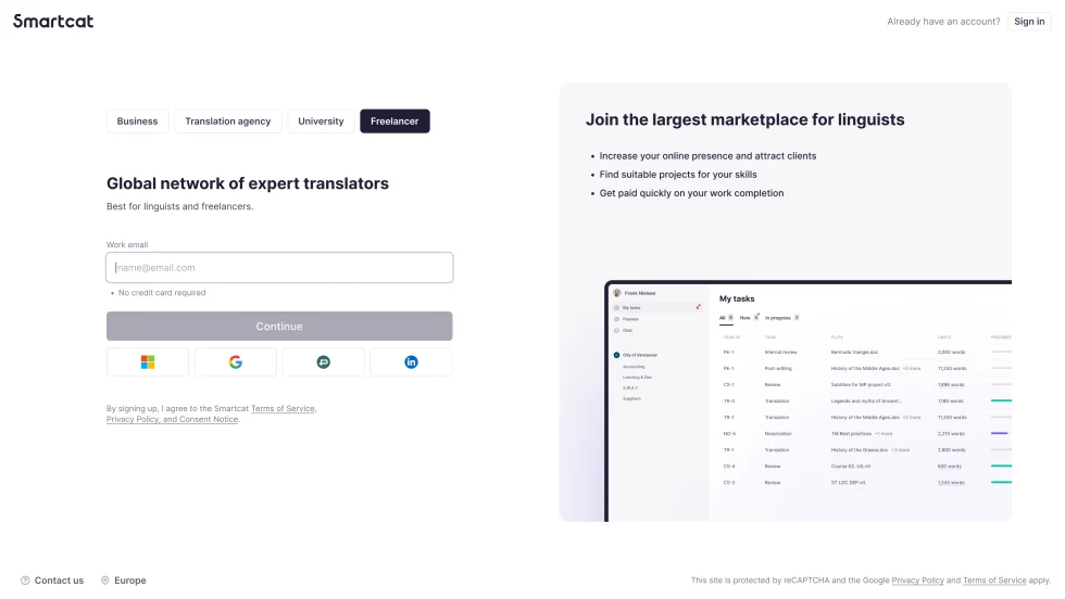 Sign-up, Freelancer tab: “Global network of expert translators”, an email field and a preview of a translator’s task list.