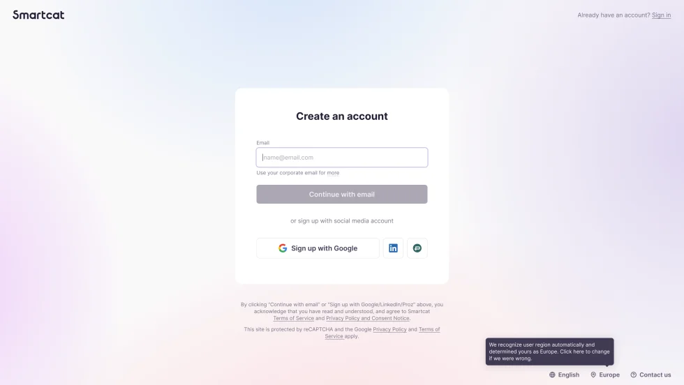 The old sign-up: one email field for everyone, or a Google, LinkedIn or ProZ account.