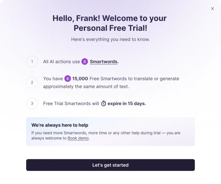 Welcome modal “Hello, Frank! Welcome to your Personal Free Trial!” with three rules: all AI actions use Smartwords; you have 15,000 free Smartwords; free trial Smartwords expire in 15 days.
